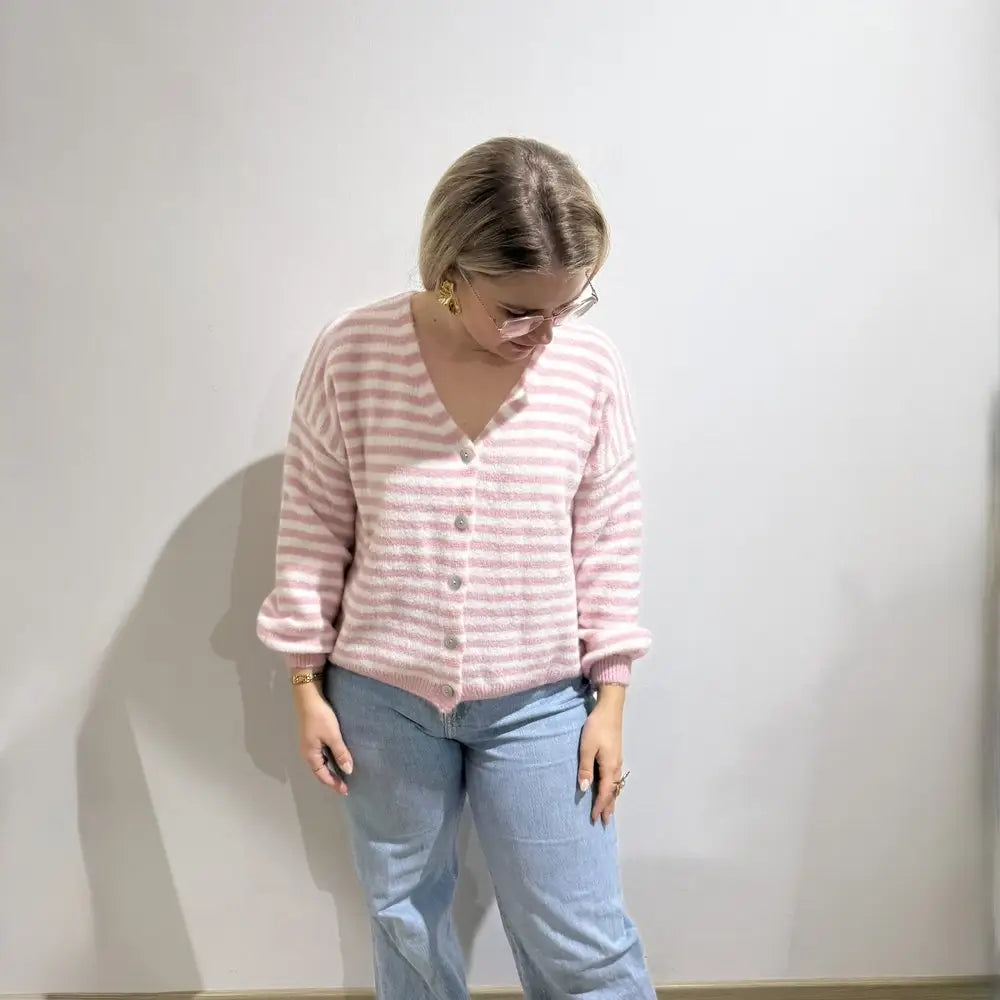 PM Strickjacke gestreift - Farbe: weiss/rosa - Strickjacke